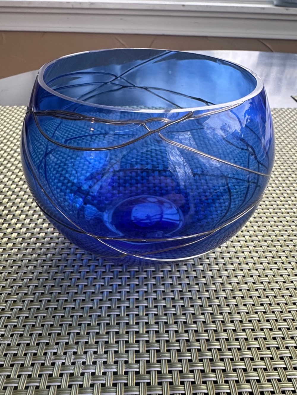Vintage PartyLite Cobalt Blue Glass Bowl with Silver Swirl